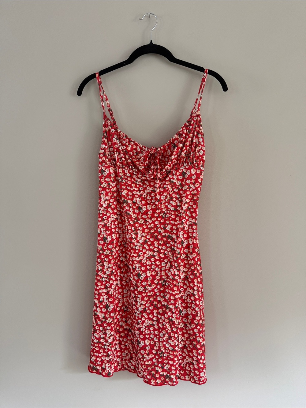 Red Floral Slip Dress with White Daisies and Green Leaves